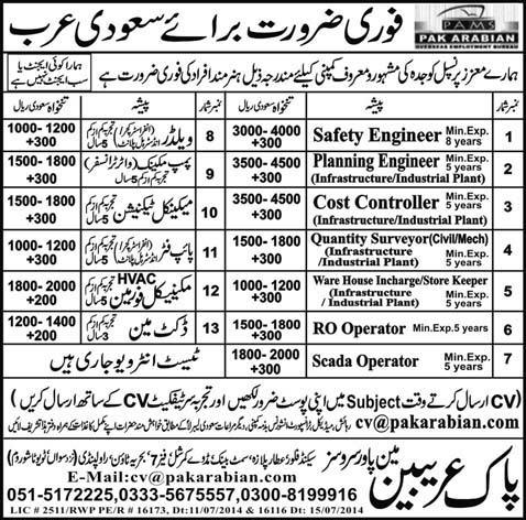 Jobs in Saudi Arabia for Pakistanis 2014 October through Pak Arabian Manpower Services