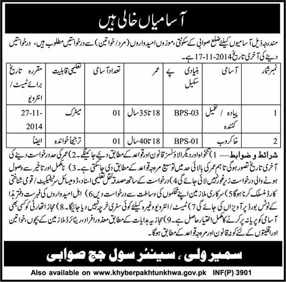 Civil Court Swabi KPK Jobs 2014 October for Tameel Kuninda & Khakroob