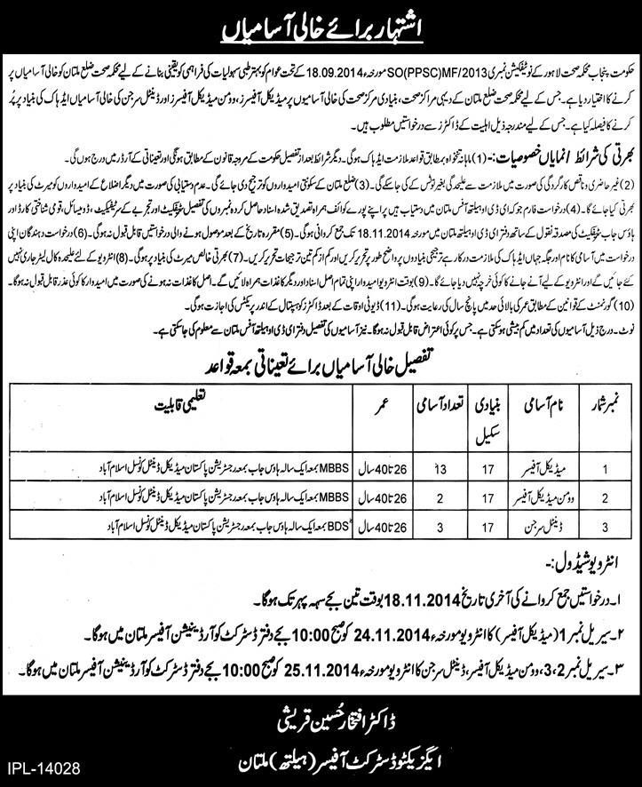 Health Department Multan Jobs 2014 November Women / Medical Officers & Dental Surgeons