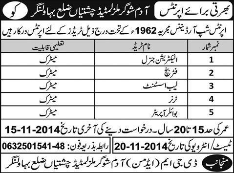 Adam Sugar Mills Limited Apprenticeships 2014 November Bahawalnagar for Trade Apprentices