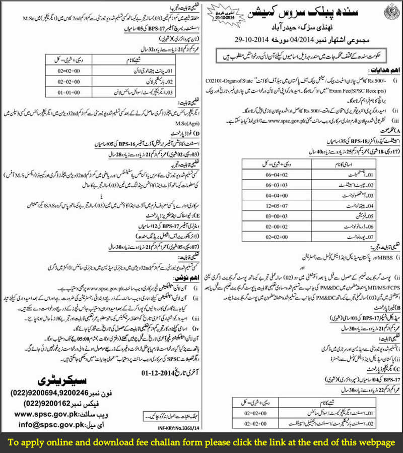 SPSC Jobs November 2014 Latest Sindh Public Service Commission Advertisement