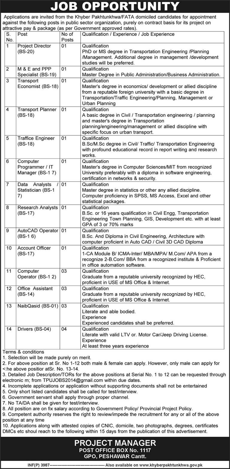 PO Box 1117 GPO Peshawar Jobs 2014 November in Transport Planning Unit (TPU) KPK