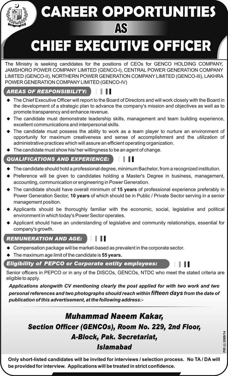 Chief Executive Officer Jobs in GENCO 2014 November WAPDA Pakistan