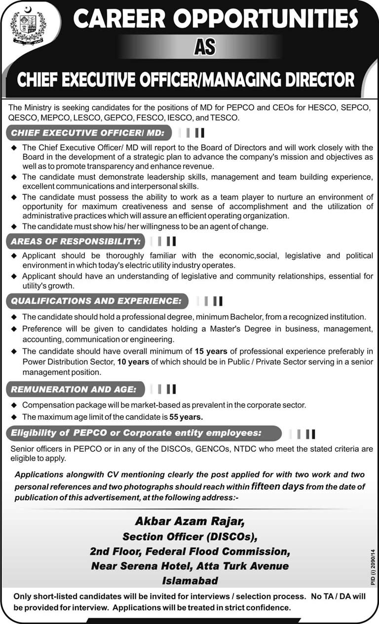 Managing Director Job in PEPCO & Chief Executive Officer Jobs in DISCO's 2014 November WAPDA Pakistan