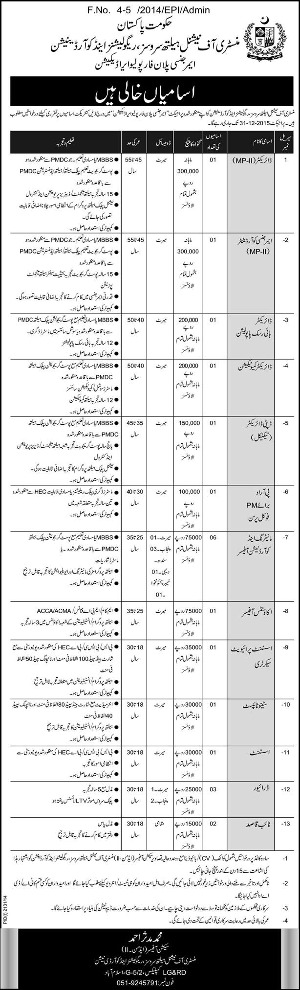 Ministry of National Health Services, Regulation & Coordination Pakistan Jobs 2014 November