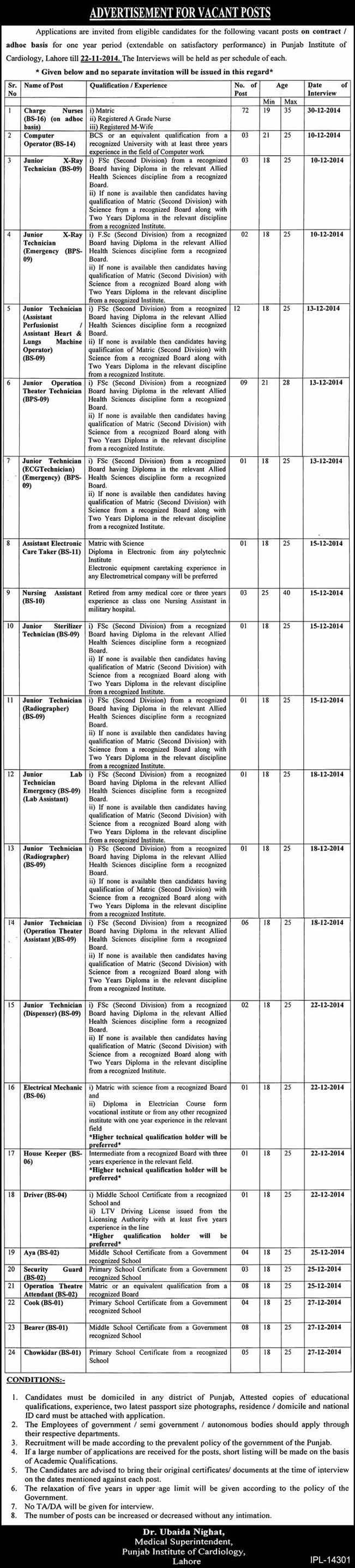 Punjab Institute of Cardiology Lahore Jobs 2014 November Latest Nurses & Hospital Staff