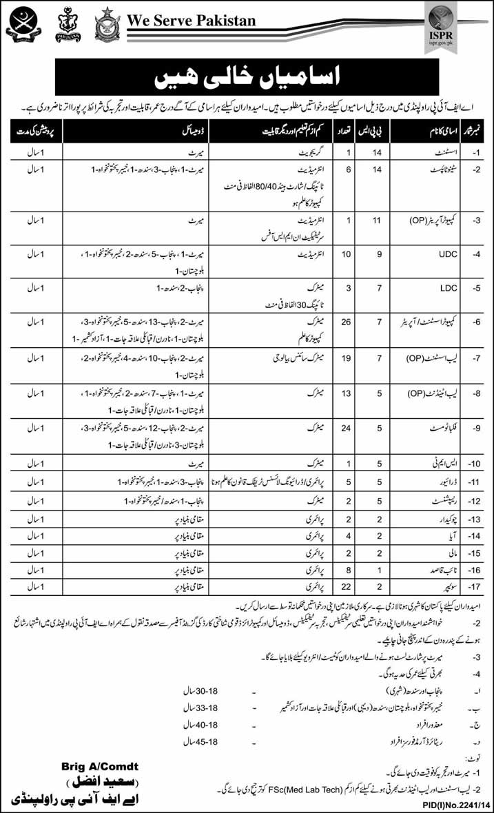 AFIP Rawalpindi Jobs November 2014 Armed Forces Institute of Pathology ISPR Latest