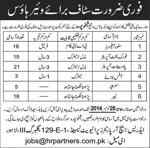 Warehouse Jobs in Sheikhupura 2014 November Store Officers, Fork Lift / Power Pallet Operator & Staff