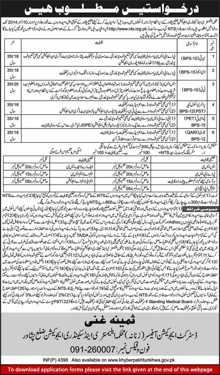 Elementary and Secondary Education Department Peshawar Jobs 2014 November NTS Application Form KPK Girls Schools