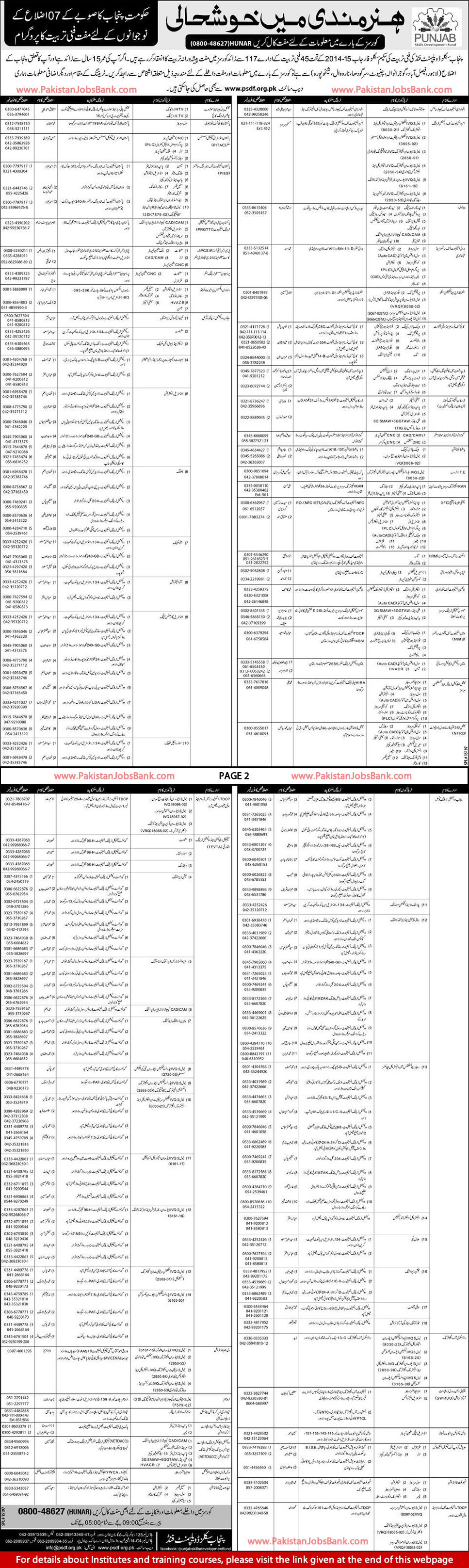 Punjab Skills Development Fund Free Courses 2014 November Lahore, Faisalabad, Gujranwala, Sargodha, Sheikhupura, Chiniot & Narowal