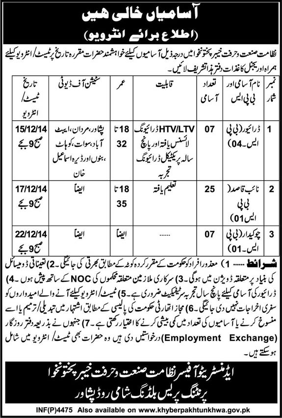 Directorate of Industries & Commerce KPK Jobs 2014 November / December Test / Interview Schedule / Dates