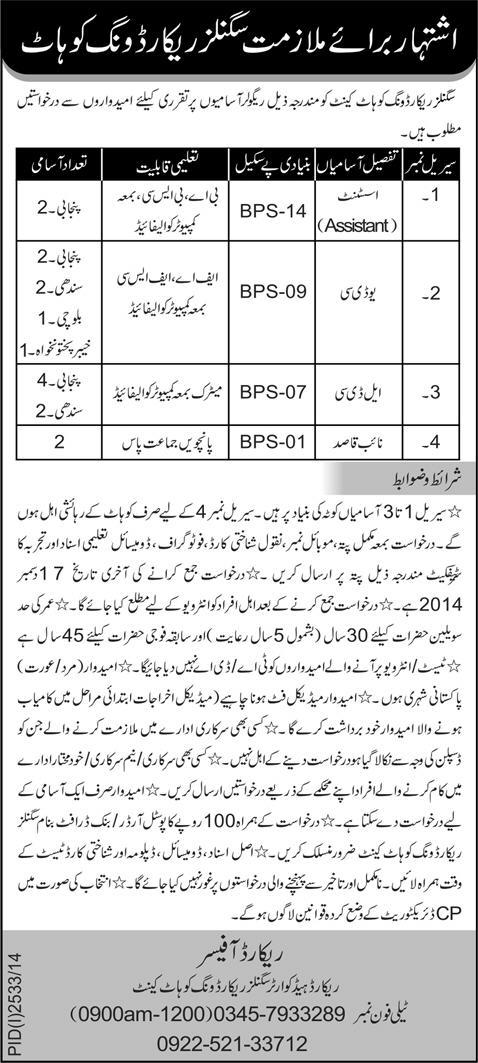 Signals Record Wing Kohat Jobs 2014 December Assistant, Clerks & Naib Qasid