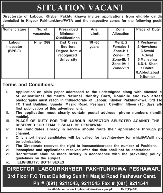 Directorate of Labour KPK Jobs 2014 December for Labour Inspectors Latest Advertisement