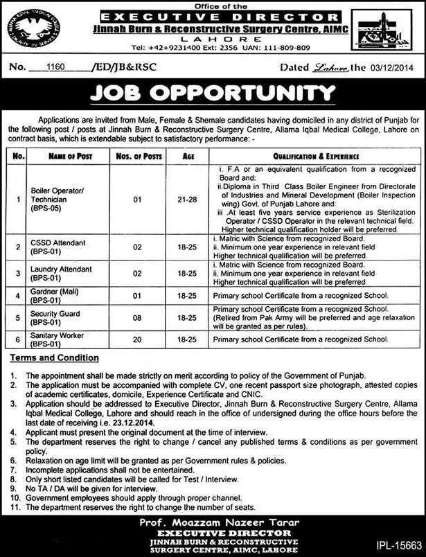 Jinnah Hospital Lahore Jobs December 2014 Jinnah Burn Centre AIMC