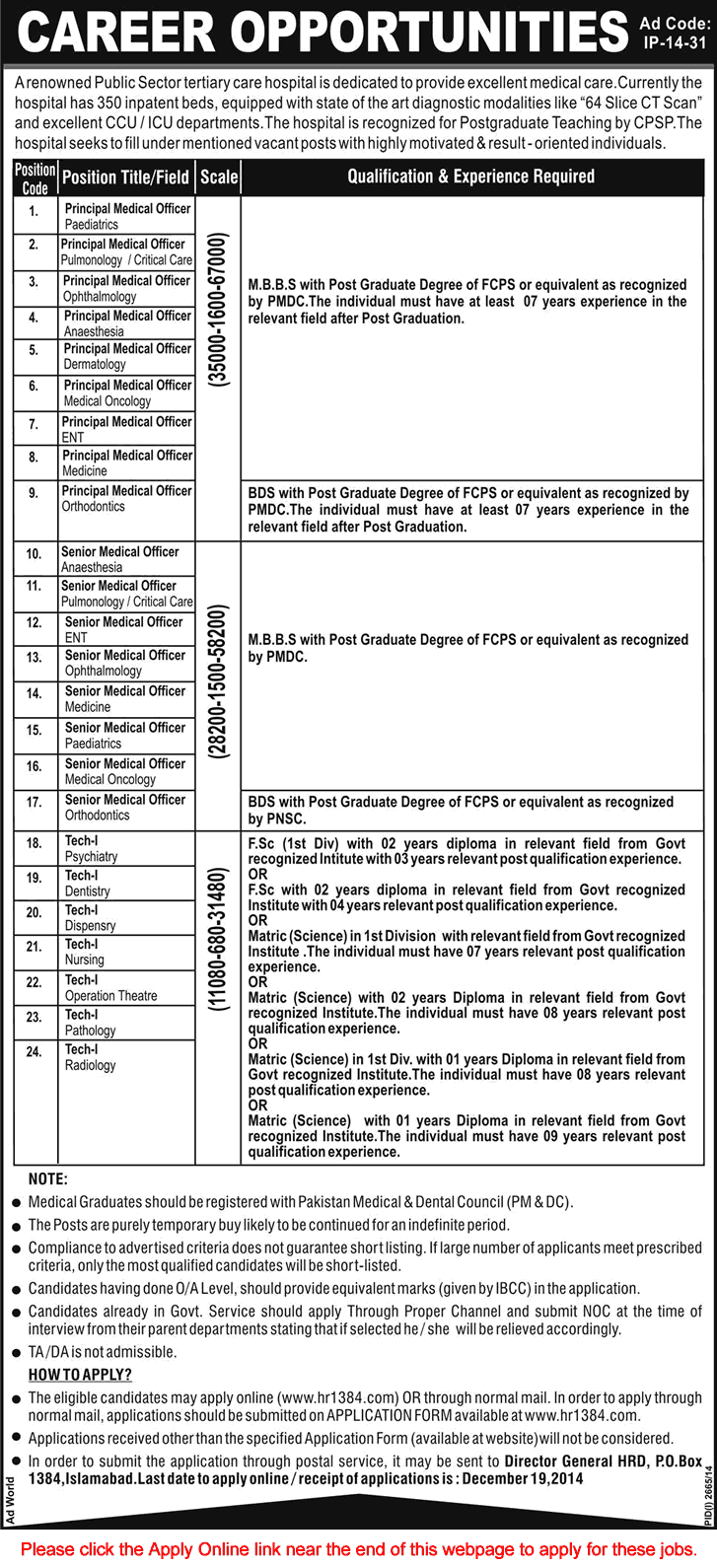 KRL Hospital Jobs December 2014 Islamabad Principal / Senior Medical Officers & Technicians Online Application Form