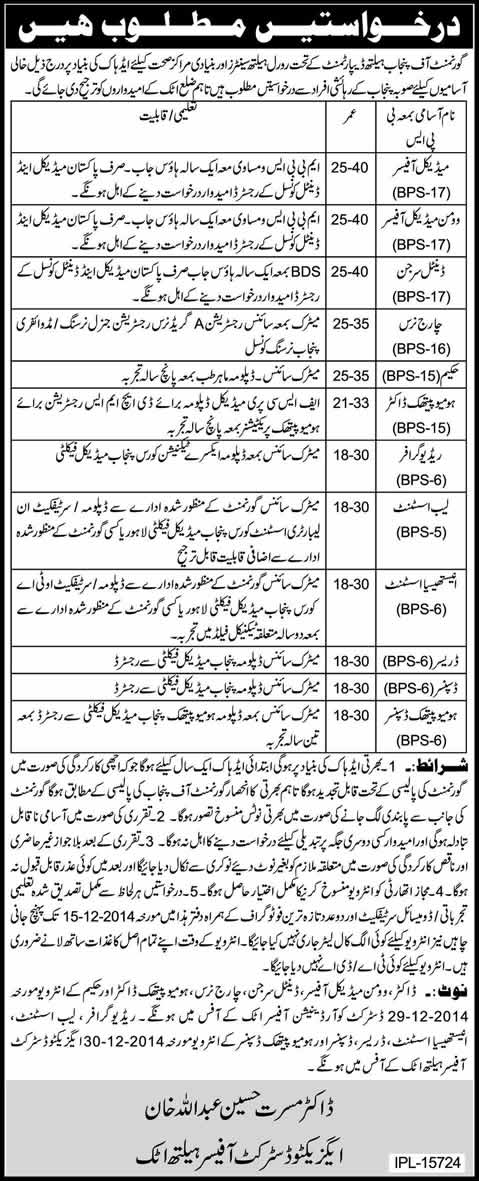 Health Department Attock Jobs 2014 December Medical Officers, Nurses & Technicians