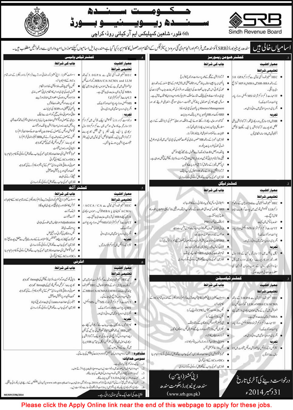 Sindh Revenue Board Jobs 2014 December Apply Online Internee, HR & Accounting Staff