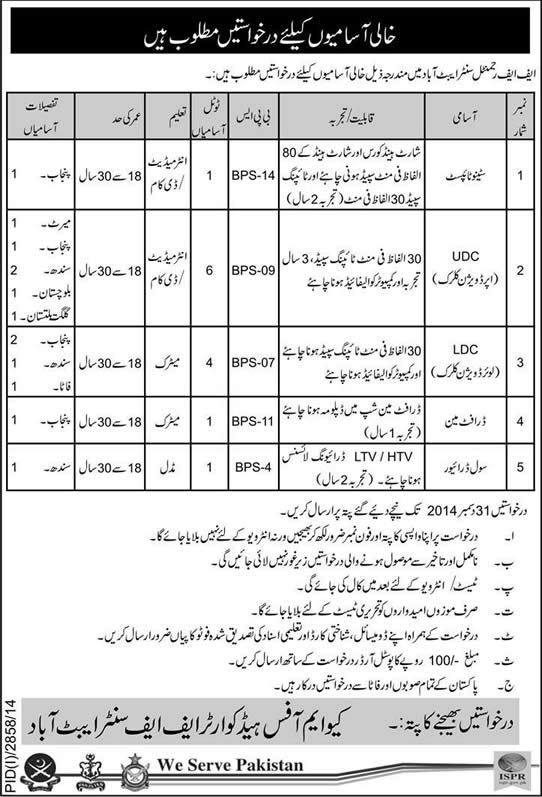 Pak Army FF Regimental Center Abbottabad Jobs 2014 December UDC / LDC Clerks, Steno-Typist, Draftsman & Driver