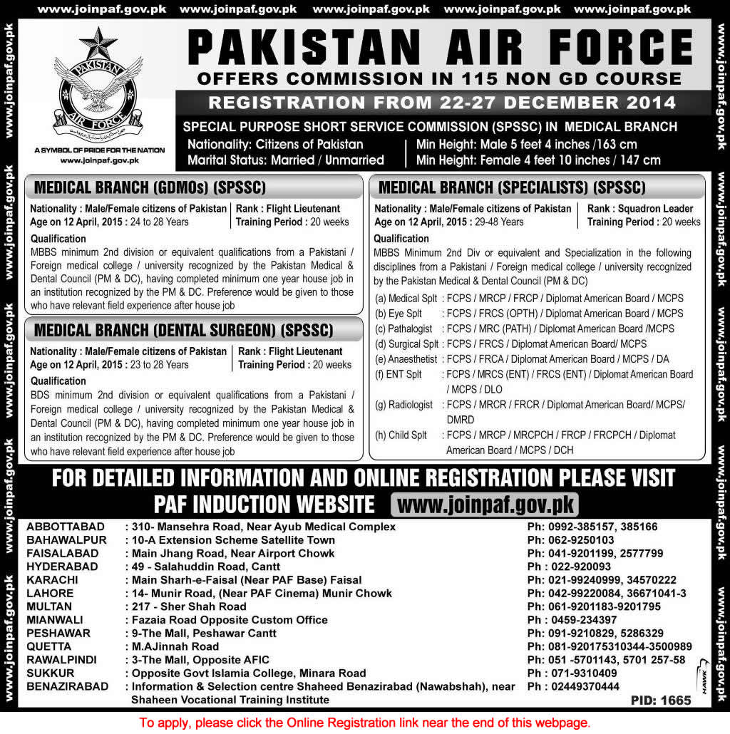 Pakistan Air Force Jobs December 2014 GDMO/GDMOs, Dental Surgeons & Specialists Online Registration