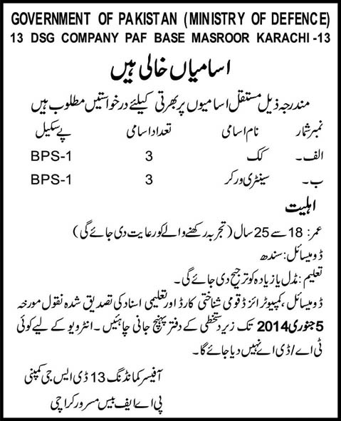 PAF Base Masroor Karachi Jobs December 2014 / 2015 January Cooks & Sanitary Workers