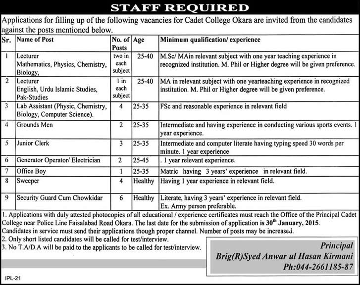 Cadet College Okara Jobs 2015 Lecturers, Lab Assistants, Clerks & Other Staff