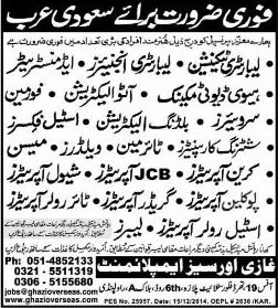 Engineers, Technicians & Vehicle Operator Jobs in Saudi Arabia 2015 for Pakistanis through Ghazi Overseas Employment