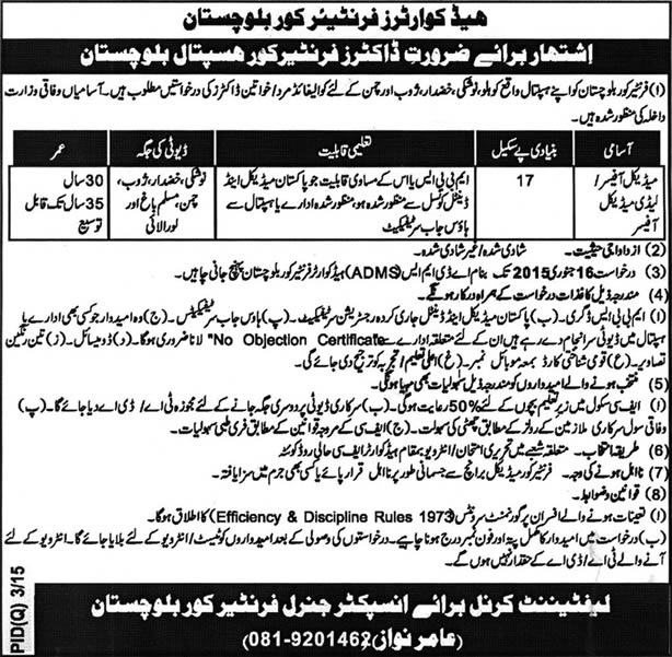 Frontier Corps Hospital Balochistan Medical Officers Jobs 2015 Latest / New Advertisement