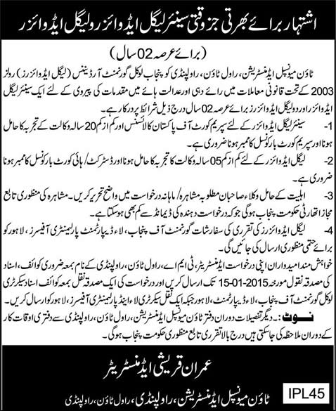 Legal Advisor Jobs in TMA Rawalpindi Jobs 2015 Latest