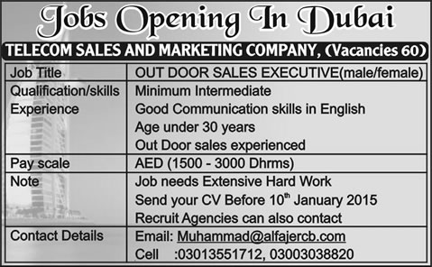 Telecom Sales and Marketing Jobs in Dubai 2015 for Out Door Sales Executives Latest