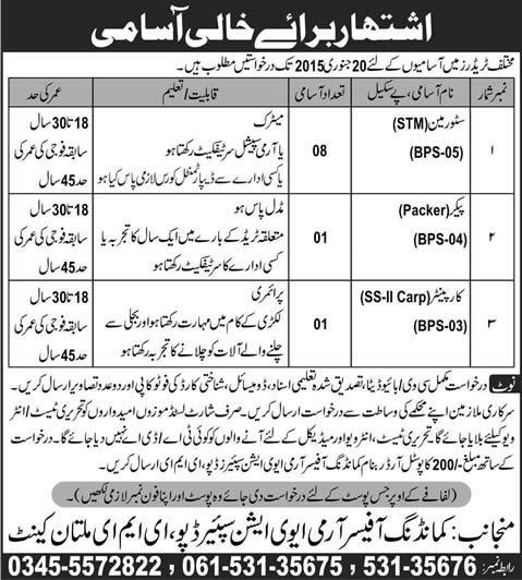 Army Aviation Spare Depot EME Multan Cantt Jobs 2015 Store Man, Packer & Carpenter