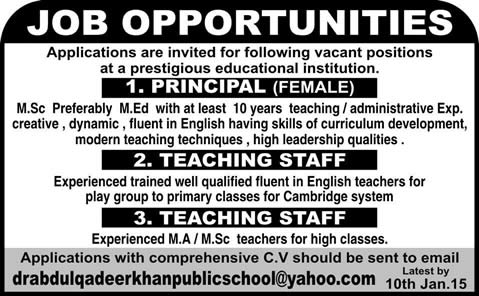 Principal & Teaching Jobs in Karachi 2015 Dr. Abdul Qadeer Khan Public School