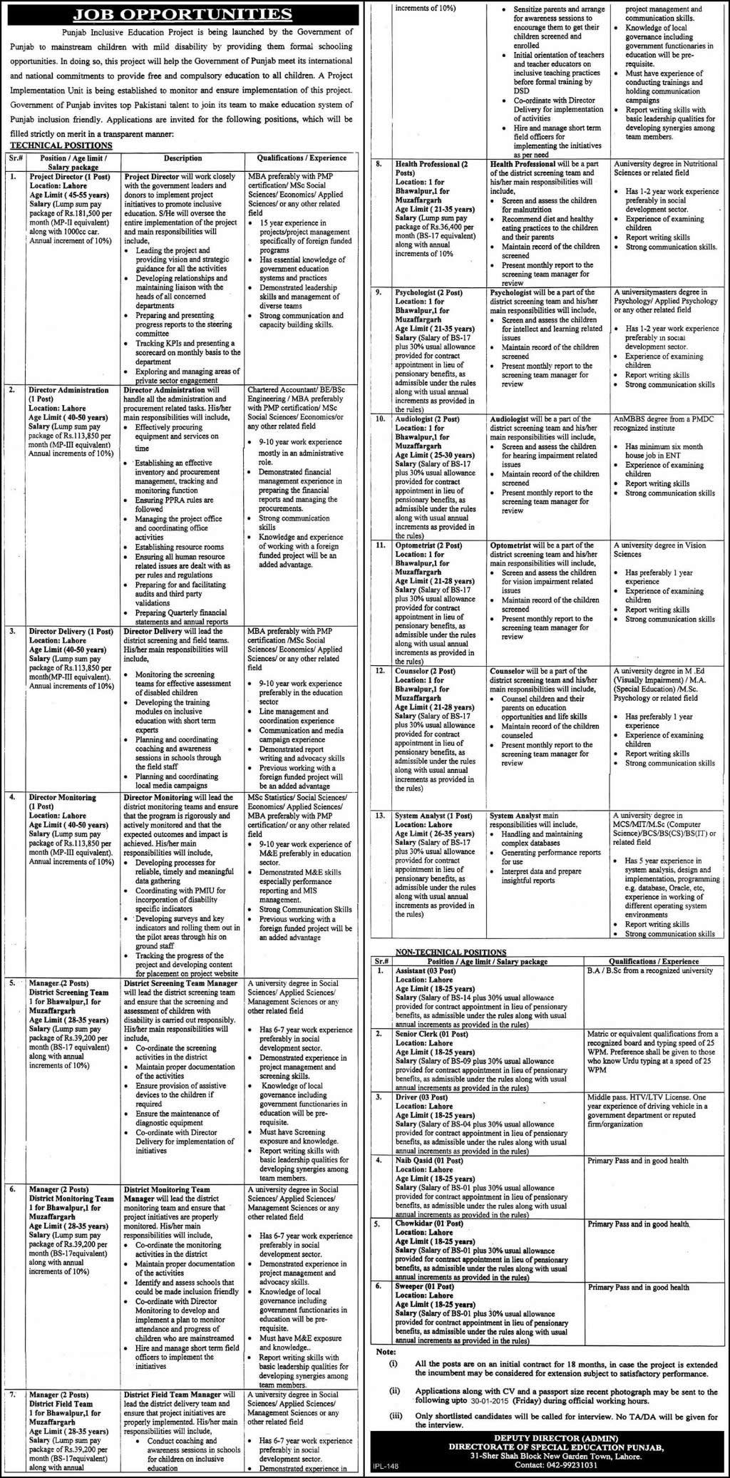 Directorate of Special Education Punjab Jobs 2015 Inclusive Education Project Latest / New