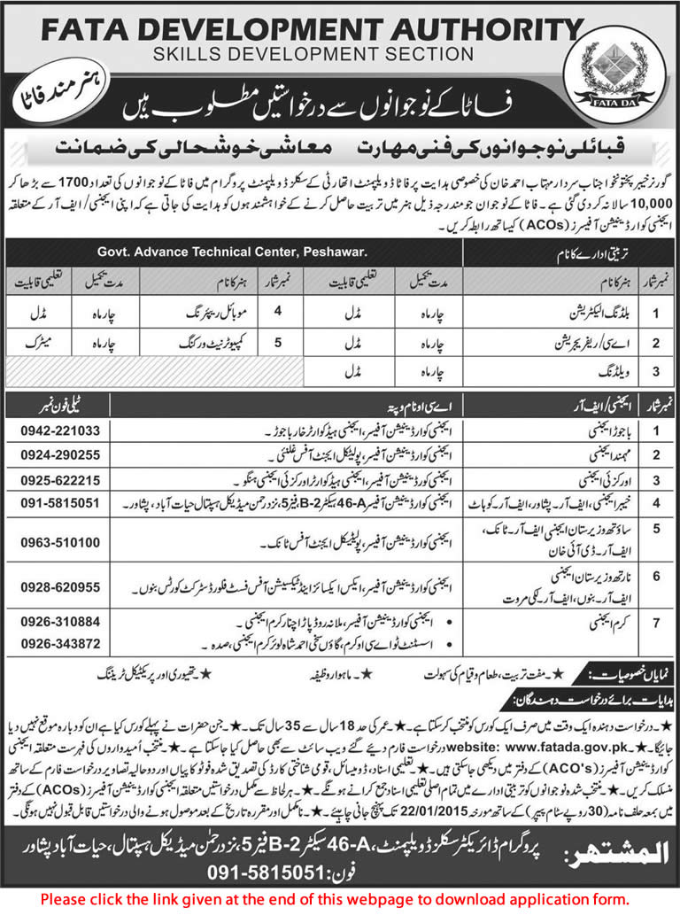 FATA Development Authority Free Courses 2015 Application Form Download