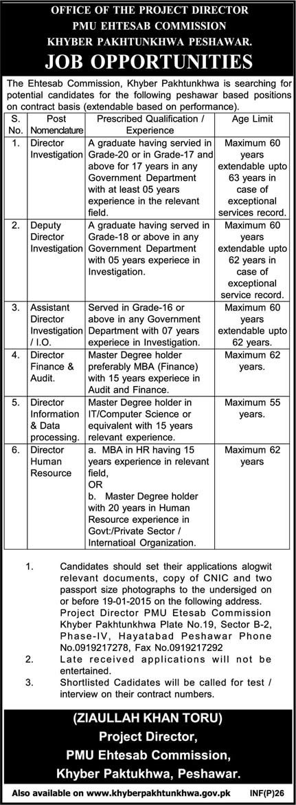 Ehtesab Commission KPK Jobs 2015 for Directors & Assistant Directors Latest