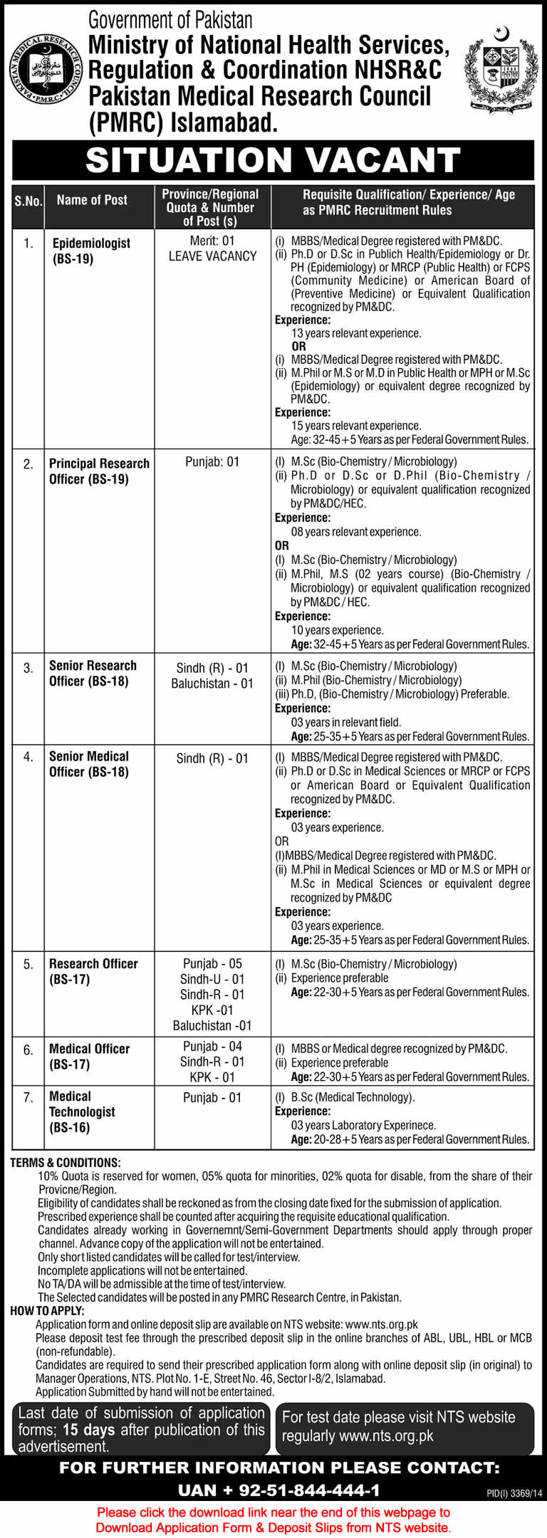 Pakistan Medical Research Council Jobs 2015 PMRC NTS Application Form NHSRC
