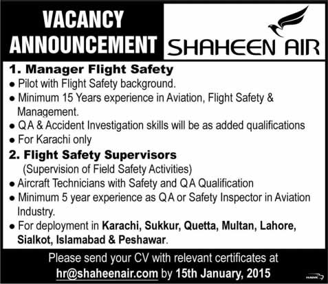 Shaheen Airline Jobs 2015 Manager Flight Safety & Supervisors