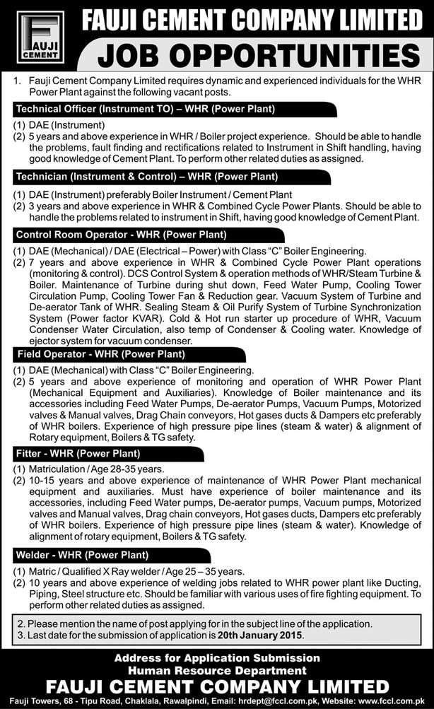 Fauji Cement Jobs 2015 Instrument / Mechanical Engineer, Fitter & Welder Latest