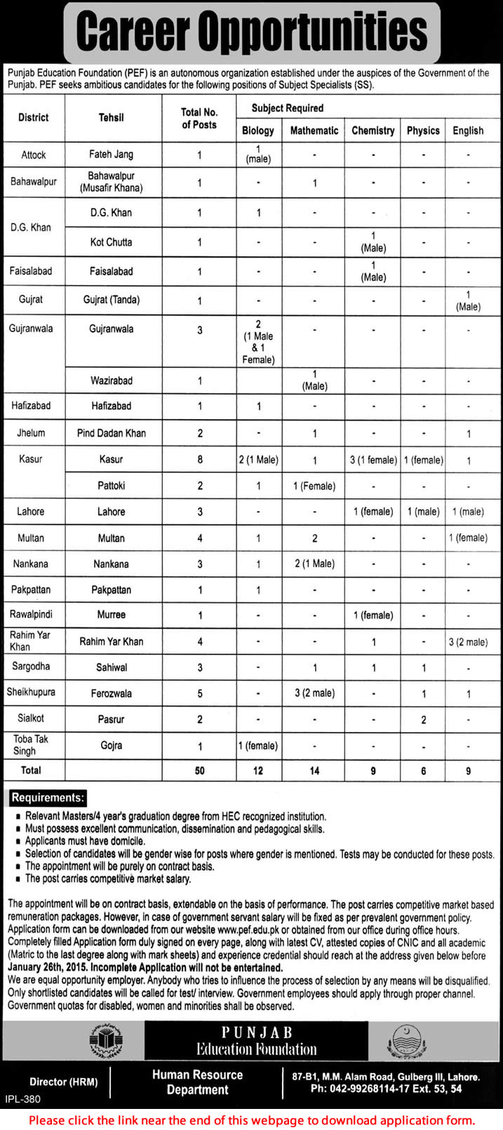 Punjab Education Foundation Jobs 2015 Subject Specialists / Teachers Application Form Download