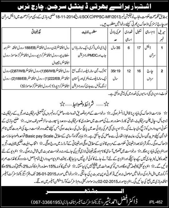 Charge Nurses & Dental Surgeon Jobs in Vehari 2015 Health Department Punjab