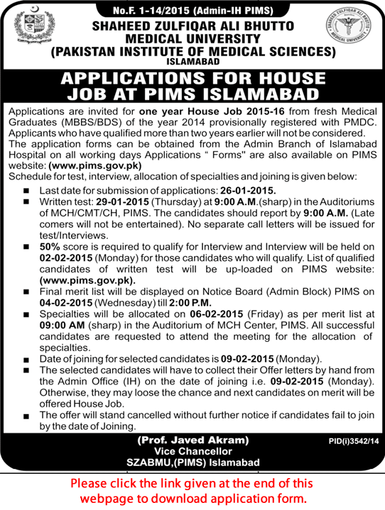 PIMS House Job 2015 Islamabad SZABMU Application Form Download Latest