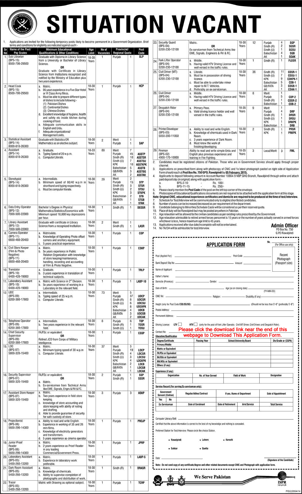 PO Box 750 GPO Rawalpindi Jobs 2015 Application Form Download ISPR Latest