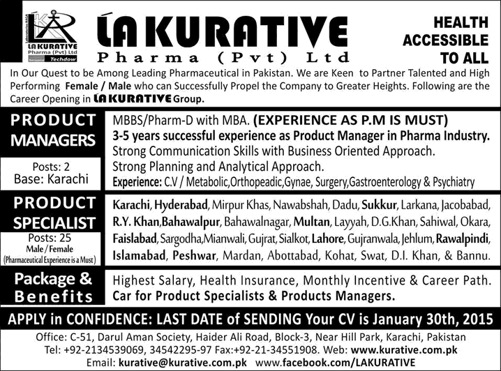 Kurative Pharma Jobs 2015 Product Specialists & Product Managers at La Kurative Pharma Pakistan