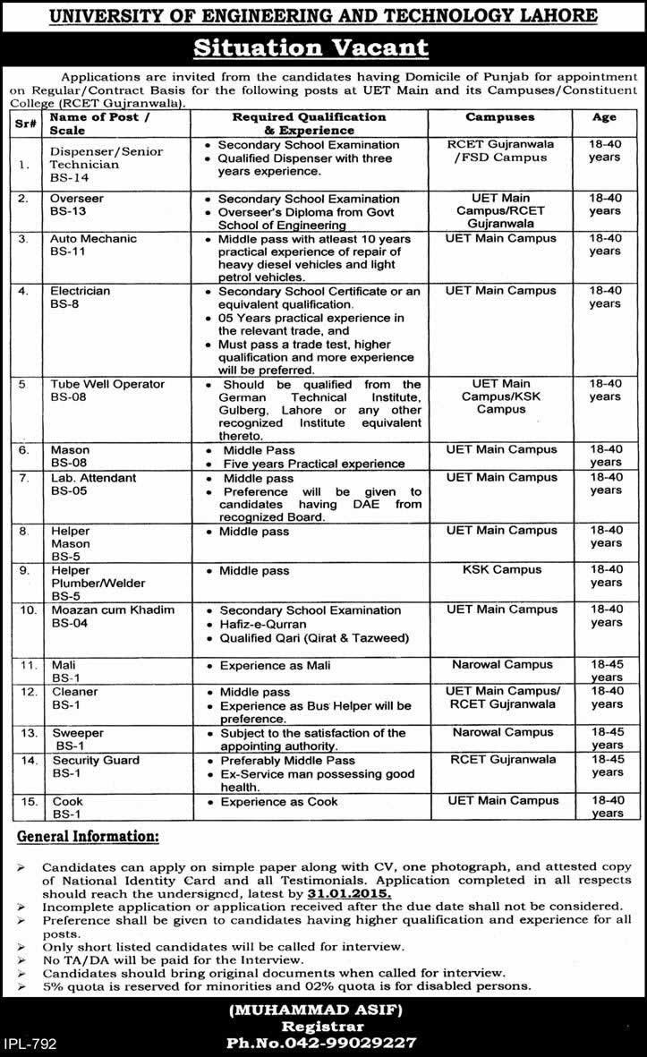 UET Jobs 2015 University of Engineering & Technology Latest Advertisement