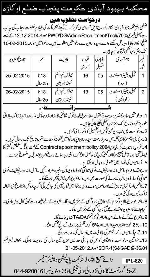 Family Welfare Assistant Jobs in Okara 2015 District Population Welfare Office