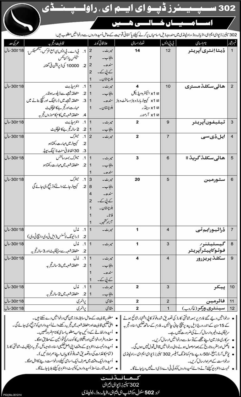 302 Spares Depot EME Rawalpindi Jobs 2015 Data Entry Operators, Store Man, Clerks & Others