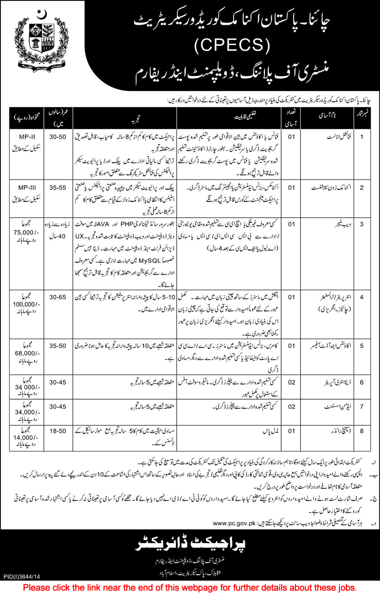 China Pakistan Economic Corridor Secretariat Jobs 2015 Ministry of Planning Development & Reform