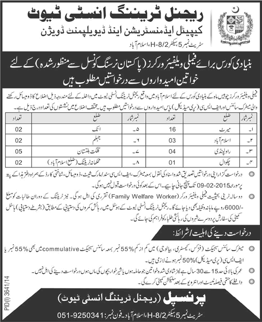 Free Family Welfare Worker Courses in Islamabad 2015 in Regional Training Institute