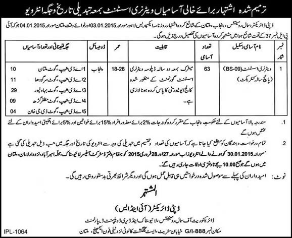 Livestock and Dairy Development Department Punjab Jobs 2015 Veterinary Assistants New Interview Schedule