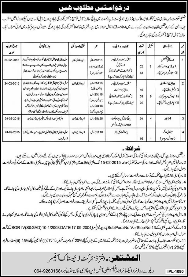 Livestock and Dairy Development Department Dera Ghazi Khan Jobs 2015 Latest