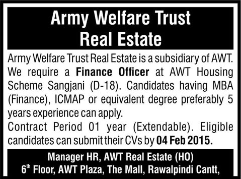 Finance Officer Jobs in Islamabad / Rawalpindi 2015 at Army Welfare Trust Real Estate